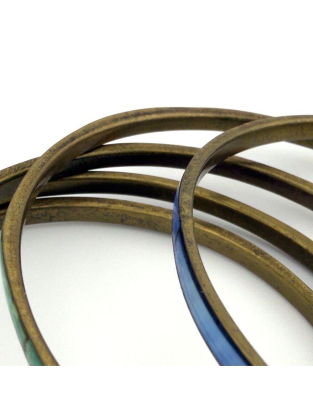 Vintage Mother Of Pearl Inlay Brass Bangle Set of 6 Pink Purple Blue Green Aqua - Picture 10 of 11